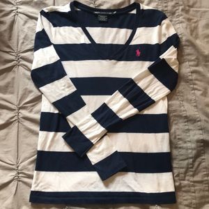 Navy and white striped long sleeve shirt